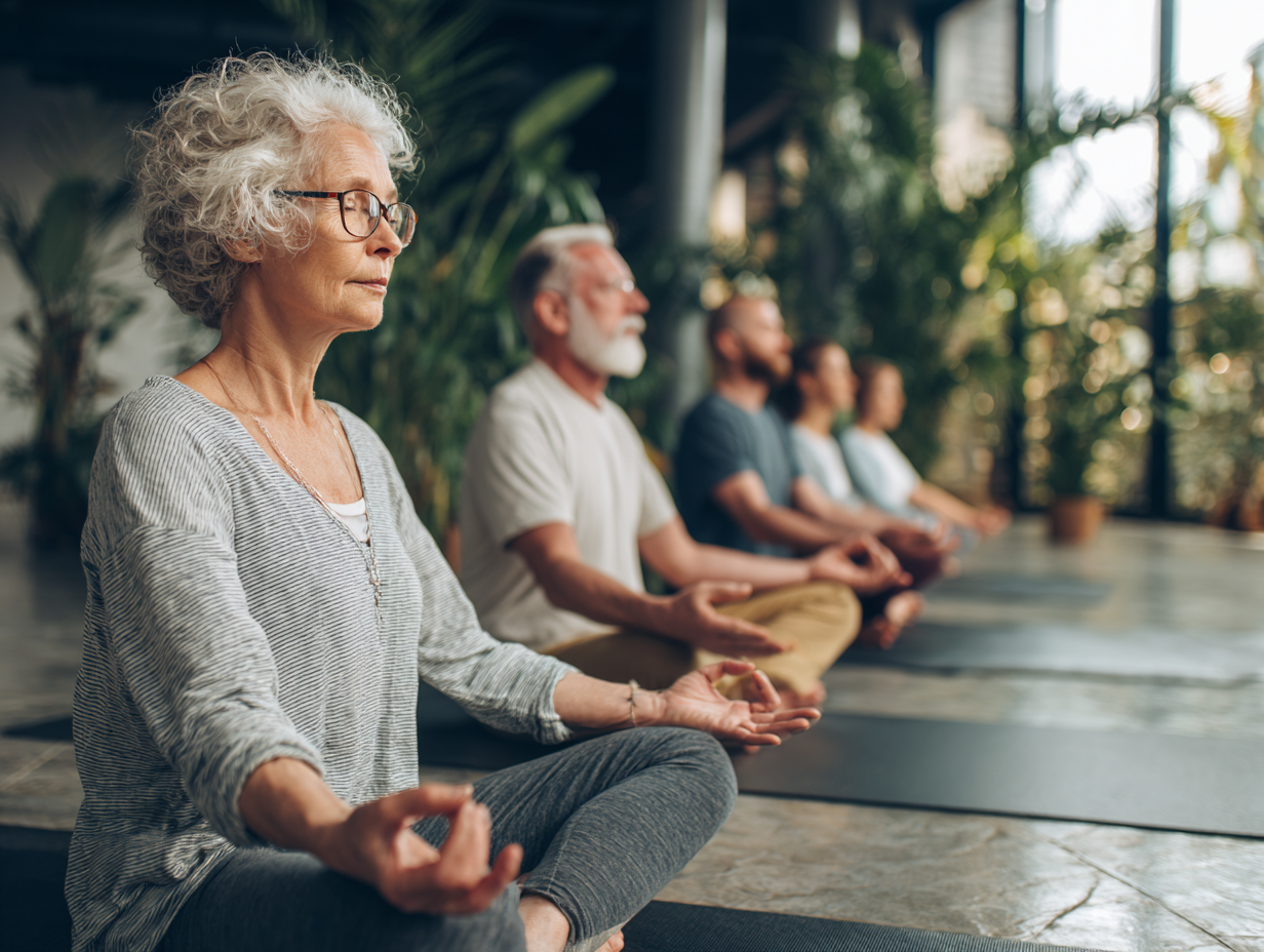 Група дорослих людей практикує дихальні вправи йоги в спокійному середовищі